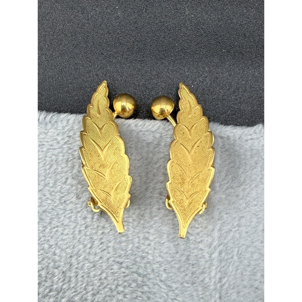 Vintage CRCO Earrings Gold Textured Leaf Botanical Clip On 1.25in
